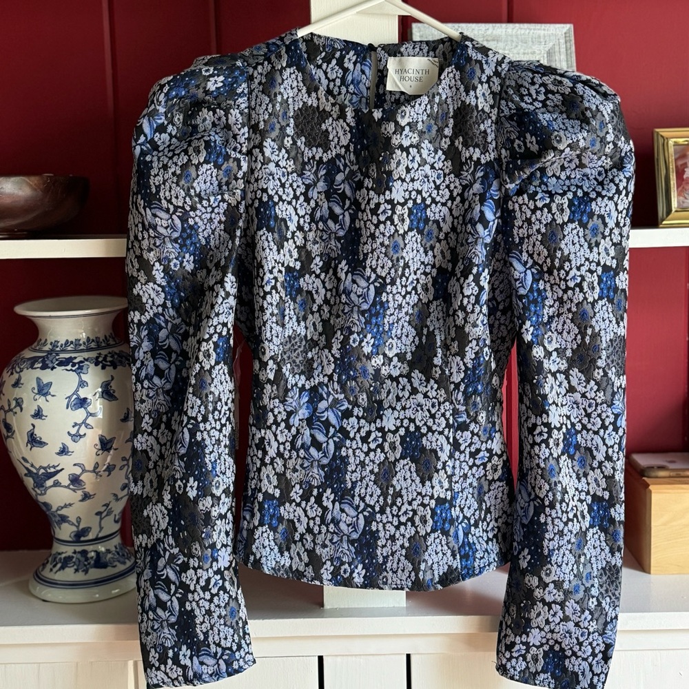 Hyacinth House Blue Jacquard Puff Sleeve Top